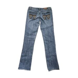 Seven7 Jeans Women 31 Blue Straight Leg Low Embroidered Pocket Stretch Denim